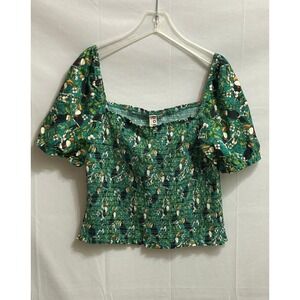 Dolan Womens XL Green Toucan Tropical Floral Smocked Puff Sleeve Square Neck Top
